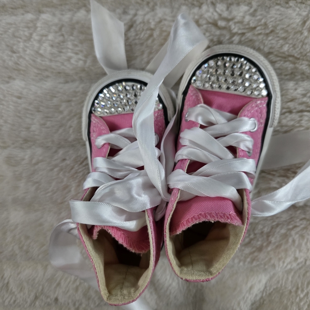 Converse Pink Kids Sneakers with Rhinestone Toes - Picture 2 of 8